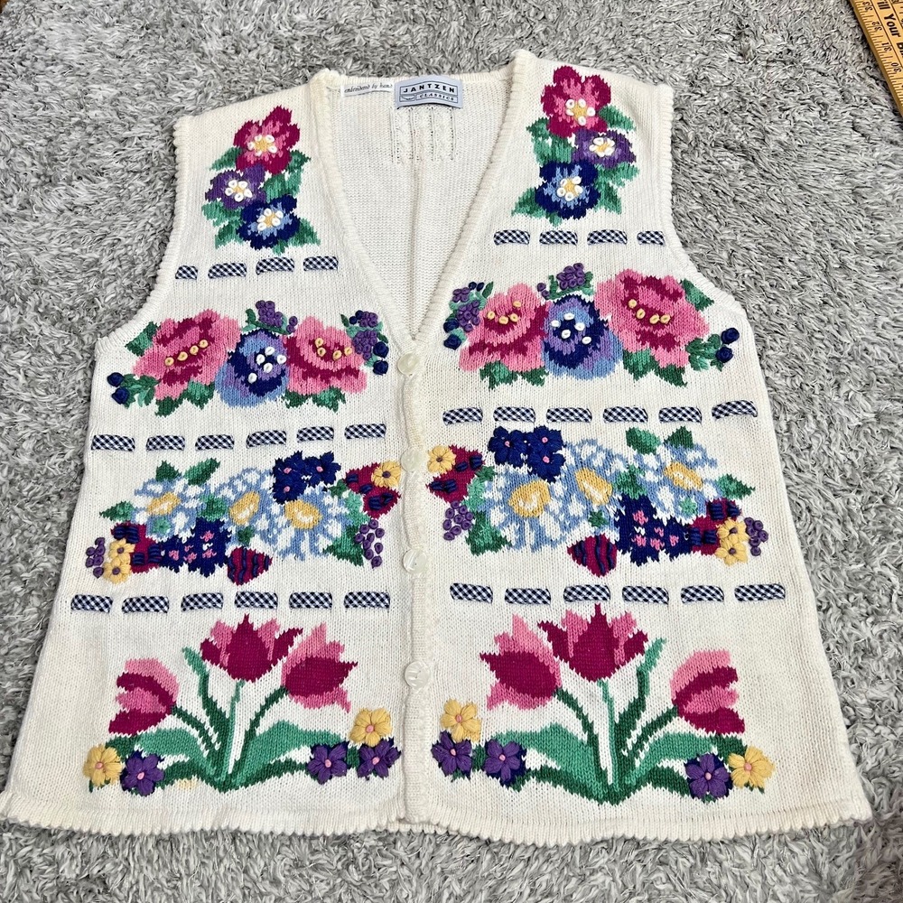 VTG Jantzen Sweater Vest Sz L Flower 80s 90s Hand Embroidered  Grandmacore